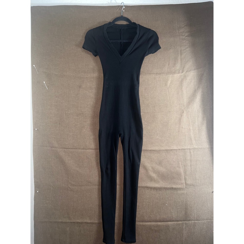 Black Ribbed V-Neck Short Sleeve Jumpsuit Full Length Catsuit Medium
